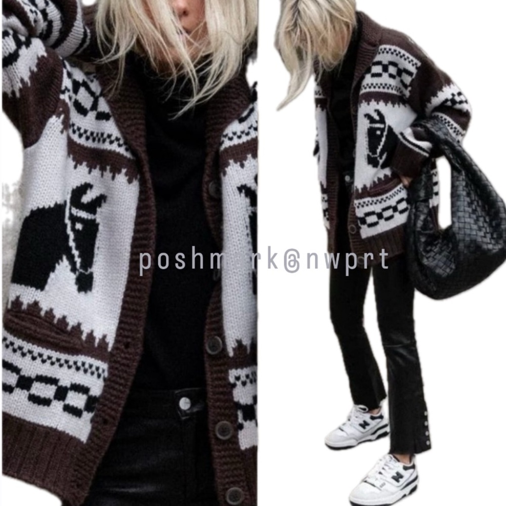 Naked Cashmere 🐴 Ryder Cardigan Intarsia Knit Sweater Horse Pony Brown Black XS - Picture 2 of 13